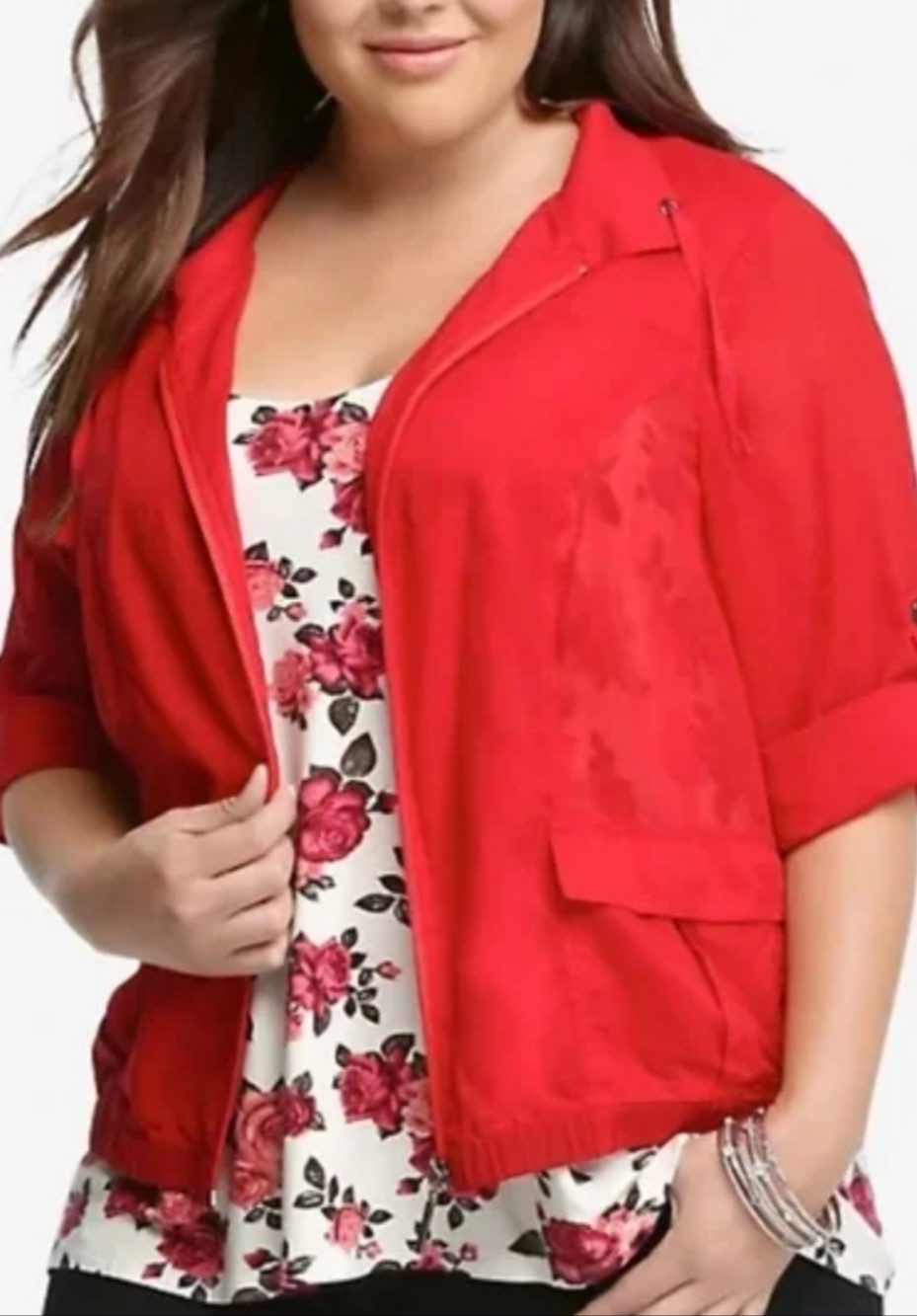 torrid 100% Cotton Sheer, Flowy, Zip-Up Jacket with Roll-Tab Sleeves